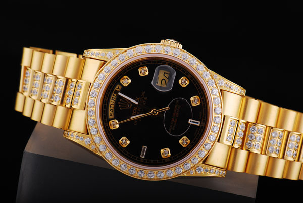 Rolex Day-Date Automatic With Black Dial-Full Diamond Bezel and Marking - Click Image to Close